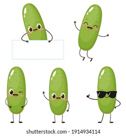 Cute happy cucumber set. Picle character collection. Funny cartoon food in flat style. Vegetable emoji vector illustration
