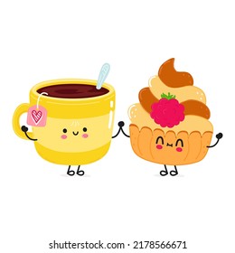 Cute happy cup of tea and cake card. Vector hand drawn doodle style cartoon character illustration icon design. Happy cup of tea and cake friends concept card