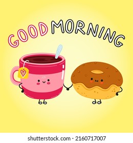 Cute happy cup of tea and chocolate donut card. Vector hand drawn doodle style cartoon character illustration icon design. Cute happy cup of tea and chocolate donut friends concept card