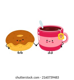 Cute happy cup of tea and chocolate donut card. Vector hand drawn doodle style cartoon character illustration icon design. Cute happy cup of tea and chocolate donut friends concept card