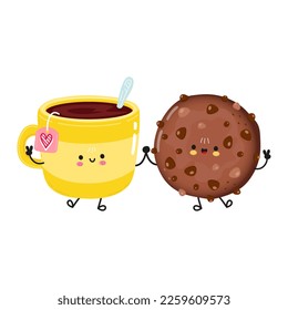 Cute happy cup of tea and chocolate chip cookie card. Vector hand drawn doodle style cartoon character illustration icon design. Happy cup of tea and chocolate chip cookie friends concept card