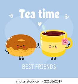 Cute happy cup of tea and donut card. Vector hand drawn doodle style cartoon character illustration icon design. Happy cup of tea and chocolate donut friends concept card