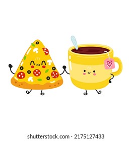 Cute happy cup of tea and pizza card. Vector hand drawn doodle style cartoon character illustration icon design. Cute happy cup of tea and pizza friends concept card