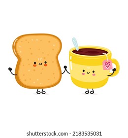 Cute happy cup of tea and toast card. Vector hand drawn doodle style cartoon character illustration icon design. Cute happy cup of tea and toast friends concept card