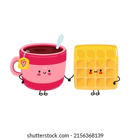 Cute happy cup of tea and waffle card. Vector hand drawn doodle style cartoon character illustration icon design. Cute happy cup of tea and waffle friends concept card
