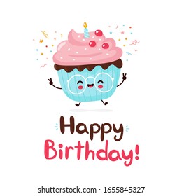 Cute happy cupcake. Happy birthday hand drawn style card.Vector flat cartoon character illustration icon design.Isolated on white background. Cupcake happy birthday card concept