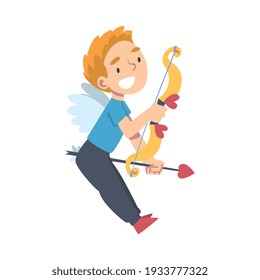 Cute Happy Cupid Boy, Adorable Joyful Kid Angel Cherub Shooting with Bow and Arrow Cartoon Style Vector Illustration