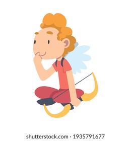 Cute Happy Cupid Boy with Bow, Joyful Kid Angel Dressed Red Casual Clothes Cartoon Style Vector Illustration