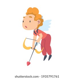 Cute Happy Cupid Boy with Wings, Joyful Kid Angel Dressed Red Clothes Flying with Bow Cartoon Style Vector Illustration