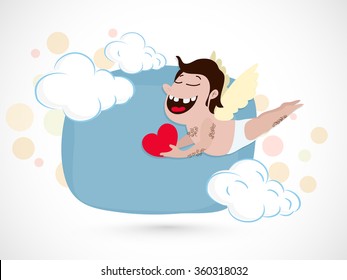 Cute happy cupid with red heart, flying in the sky for Happy Valentine's Day celebration.
