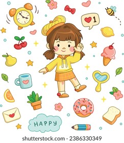 Cute Happy Daily Life Girl Journaling Sticker Vector Cartoon Illustration