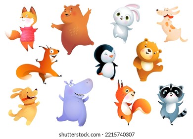 Cute Happy Dancing Jumping animals collection for kids  Hippo bear   fox  funny puppy raccoon   squirrels dancing   laughing  Vector Clipart bundle for children and cute zoo   pets 