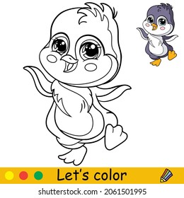 Cute and happy dancing penguin boy. Coloring book page with colorful template for kids. Vector cartoon isolated illustration. For print, game, education, party, design,decor