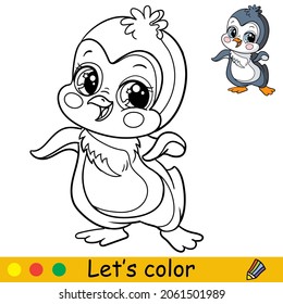 Cute and happy dancing penguin. Coloring book page with colorful template for kids. Vector cartoon isolated illustration. For print, game, education, party, design,decor