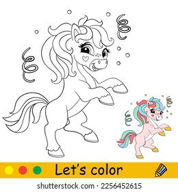 Cute happy dancing unicorn. Kids coloring book page with color template. Vector cartoon illustration. Educational work page. For kids coloring, postcard, print, design, decor, tattoo, game and puzzle