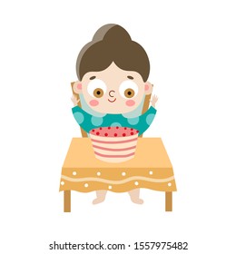A cute happy dark-haired girl at the table with a festive cake. Vector illustration in flat cartoon style.