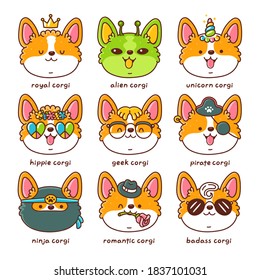 Cute happy different corgi dog face set collection. Vector flat line cartoon kawaii character icon. Hand drawn style illustration. Isolated on white background. Corgi puppy pet bundle concept