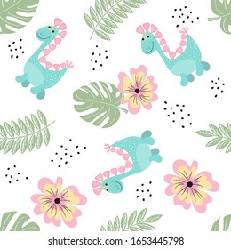 Cute happy dinosaur walks in the rainforest. Hand-drawn childish seamless pattern. Scandinavian style, flat vector illustration. Wallpaper, wrapping, wrapping paper, textile, bag.