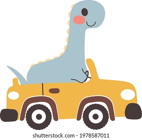 Cute happy diplodocus dinosaur riding yellow convertible car