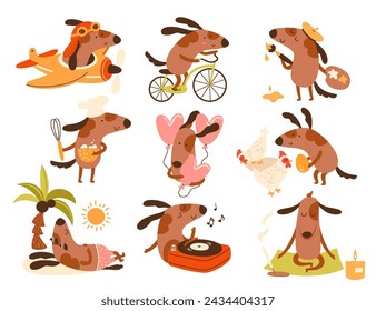 Cute happy dog characters set having fun, enjoying hobby activities, playing vector illustration. Funny puppy riding bicycle, cooking, sunbathing, listening music, meditating, flying plane, painting