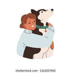 Cute happy dog and child friends. Kid hugging canine animal with love. Girl pet owner embracing, cuddling lovely husky doggy companion. Flat vector illustration isolated on white background