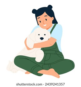 Cute happy dog and child friends. Kid hugging canine animal with love. Girl pet owner embracing, cuddling lovely doggy companion. Flat vector illustration isolated on white background