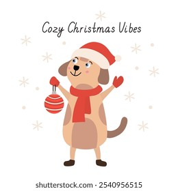 Cute happy dog with a Christmas bauble wearing santa costume. Vector hand drawn flat style illustration. Cozy Christmas vibes lettering.  Xmas Card with greetings.