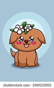 Cute and happy dog with crown flower cartoon illustration