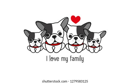 Cute happy dog family say "I love my family". 