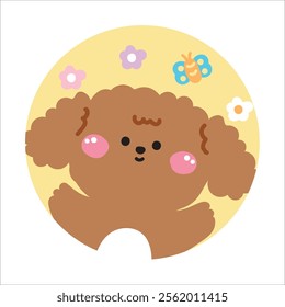 Cute happy dog with flower and butterfly background picture screen on brooch pin.Pet animal character cartoon design.Kawaii.Vector.Illustration.