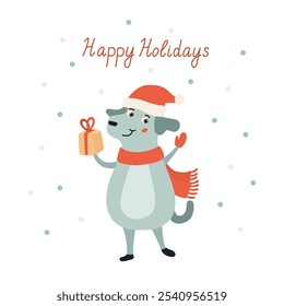 Cute happy dog with a gift box wearing santa costume. Vector hand drawn flat style Christmas illustration. Happy Holidays lettering.  Xmas Card with greetings.