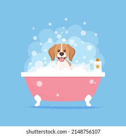 Cute happy dog having a bath with bubbles. Dog grooming. Dog spa. Vector illustration in flat style svg