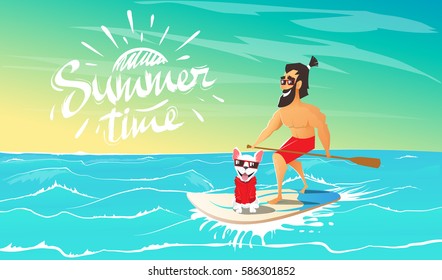 Cute happy dog with hipster are swimming on surfboard together in the ocean.Friendship between human and animal.Summer adventure. Cartoon vector illustration