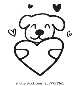 A cute happy dog hugging a heart. Valentine's Day design. Outline illustration on white background.