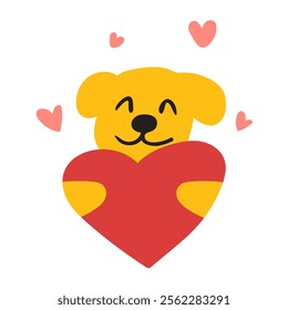 A cute happy dog hugging a heart. Valentine's Day design. Illustration.