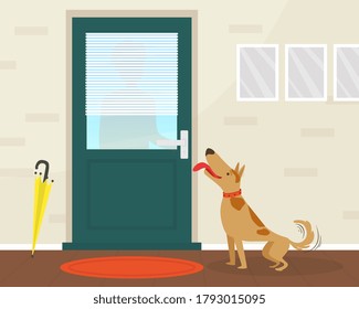 Cute Happy Dog Meeting its Owner at the Door Flat Vector Illustration