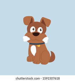Cute happy dog or puppy with bone in his teeth. Flat cartoon style vector illustration