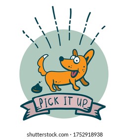 Perro alegre lindo puso el icono de poop de un perro feliz estilo caricatura de tatuajes - Recójalo