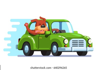 Cute Happy Dog Riding Retro Passenger Car Having Fun. Pooch Diving And Catching Wind With Sticking Out Head, Face, Waving Tongue & Paw. Flat Style Vector Illustration Isolated On White Background.