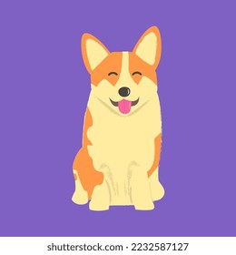 Cute Happy Dog Smiling on a purple background. The welsh Corgi. Vector illustration in Cartoon style. Suitable for use as a print on clothes, dishes, stationery, business cards, banners, flyers.