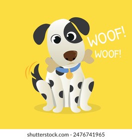 Cute happy dog is smiling while eating bone