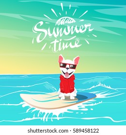 Cute happy dog in sunglasses swimming on surfboard at the ocean.Summer adventure. Cartoon vector illustration