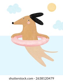 Cute Happy Dog Swimming In A Pool With A Pink Inflatable Wheel. Lovely Hand Drawn Vector Illustration Of Funny Puppy Playing In The Water. Dog On Summer Vacation Playing In The Water.	 RGB.
