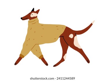 Cute happy dog walking, wearing warm winter sweater, canine animal clothes. Funny doggy running in wool apparel for cold weather. Flat graphic vector illustration isolated on white background