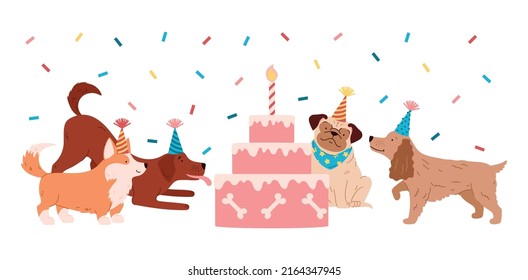 Cute happy dogs in holiday hats on pet birthday party flat style, vector illustration isolated on white background. Huge pink candle cake, confetti, celebration