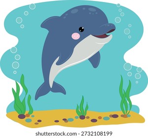 Personagem bonito golfinho feliz pulando debaixo d'água no oceano