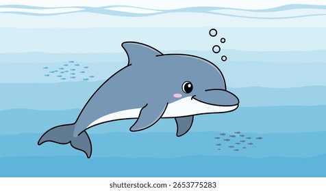 Um lindo e feliz golfinho nada graciosamente pela água azul do oceano com bolhas e peixes pequenos