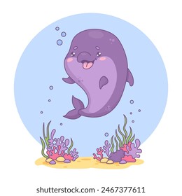 Cute happy dolphin. Underwater world with seaweed and funny cartoon kawaii character animal. Vector illustration. Kids collection