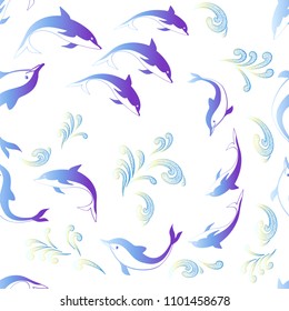 Cute  Happy Dolphins Jumping in the Ocean Waves. Seamless Vector Pattern on White Background for Textile, Wallpaper, Postcards or Web.