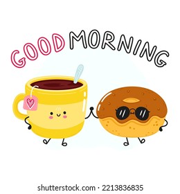 Cute happy donut and coffee cup. Vector cartoon character illustration. Good morning card